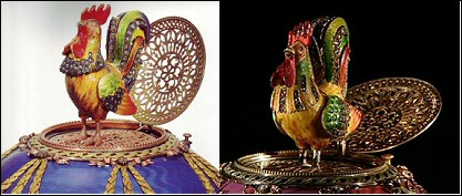 The Two Roosters (Courtesy Tatiana Fabergé for the Chanticleer Egg and Christie's for the Rothschild Egg)