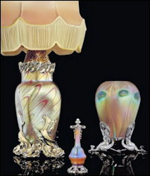 Lötz Glass Lamp, Tiffany Favrille Glass Scent Flask and Vase with Fabergé Mounts by Viktor Aarne (Courtesy Christie’s London)