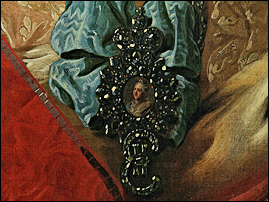 Portrait badge of Empress Catherine II (1762-1796). Detail of the portrait of Princess E. N. Orlova by Rokotov c.1779. Beneath it one can see her EII maid-of-honor cipher; and to the left, the sash of the Order of St Catherine (at that time there was only one class of the order). Courtesy The State Tretyakov Gallery.