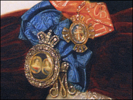 Portrait badge of Empress Alexandra Feodorovna and Dowager Empress Maria Feodorovna (1826-1828). Detail of the portrait of H.S.H. Princess T. V. Golitsyna by Riss 1835. Courtesy The State Historical Museum, Moscow. Beneath it one can see the maid-of-honor cipher of Empress Maria Feodorovna (1796-1801); and above it to the right, the smaller cross of the Order of St Catherine.