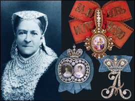 Portrait of Aurora Karlovna Karamzina, née Stjernvall (1808-1902), with a cipher of her empress, Alexandra Feodorovna (1828-1855); a smaller cross of St Catherine, which she received in 1883; and a portrait badge of Dowager Empress Maria Feodorovna and Empress Alexandra Feodorovna (1894-1917), which she received in 1898. (The portrait badge depicted here is the one presented to A. S. Albedinskaia in 1896.) Courtesy Sergei Patrikeev.
