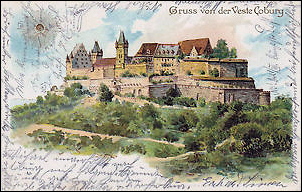 Painted Ivory Miniatures (1 x 11/16", 2.5 x 2.8cm) by Zehngraf. Veste Coburg (left), Palace Church (right), Location Unknown (Courtesy Virginia Museum of Fine Arts) Middle: Postcard of the Fortress Coburg (Private Collection)