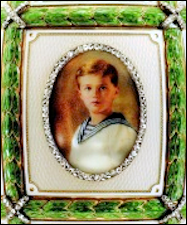 Zuiev Miniature Portrait (ca. 1.5 inches high) of Tsesarevich Alexei, Painted on Ivory on the 1911 15th Anniversary Egg (Courtesy Fabergé Museum, St. Petersburg, Russia)