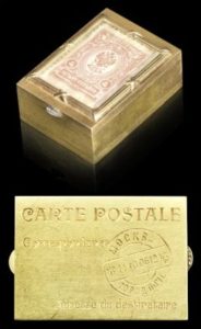 Double Stamp Holder with a 4 Kopeck Stamp Hinged Base Simulates a French Postcard with Cyrillic Postage Details for Moscow November 26, 2014 Bonhams London, Russian Sale