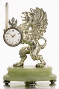Imperial Presentation Fabergé Silver and Bowenite Clock (Courtesy Sotheby’s London)