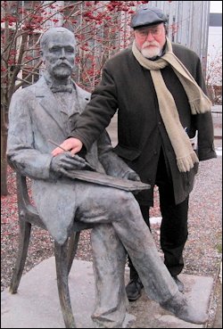 Statue of Gustav Fabergé, Father of Carl Fabergé and Independent Researcher Valentin Skurlov (Courtesy Dr. Skurlov)