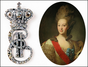 Cipher EII (1762-1796) of Empress Catherine II (Ekaterina II Alekseevna) (1729-1796). Courtesy McFerrin Collection. Paired with a portrait of Princess E. N. Orlova by Rokotov c.1779. Courtesy The State Tretyakov Gallery.