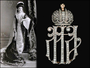 Cipher MA (1894-1917) of Dowager Empress Maria Feodorovna (1847-1928) and Empress Alexandra Feodorovna (1872-1918). Courtesy Christie's. Paired with a photograph of an unknown maid of honor. Courtesy the Internet.