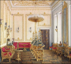 1856: Interiors of the New Hermitage, The Empress’s Cabinet, Watercolor by Edward Petrovich Hau (1807 – 1887) (Courtesy Hermitage Museum)