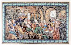 (A) Enameled En Plein Image on a Feodor Rückert Casket of The Boyar Wedding Feast by Konstantin Makovsky (Courtesy McFerrin Collection)