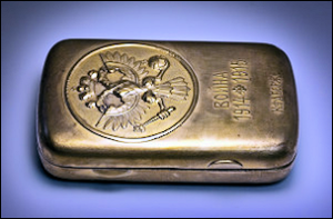 Well-worn Silver-Gilt War Production Cigarette Case with the Inscription War 1914-1915 (Wiki)