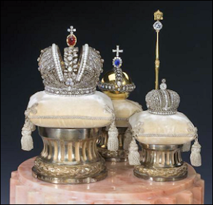 (H.) Miniature of the Russian State Regalia, Platinum and Diamonds by Fabergé, 1900 (Courtesy Royal Russia and Wiki)
