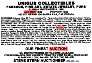 Advertisement for a Fabergé Auction. Dates appear to align with the Hargis acquisitions and donations. Were the lots vetted? (Newspaper Clipping, Source Unknown)