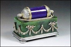 Finger Bath with Hallmarks by Henrik Wigström (1862-1930 [sic]), Died in 1923, Offered at a French Auction. The color combination is not likely to have been used by the Faberge firm.